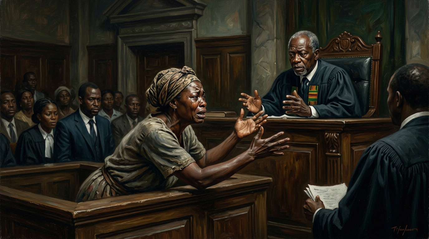 A defendant crying in the courtroom while the judge looks on helplessly, unable to rule on emotion alone.